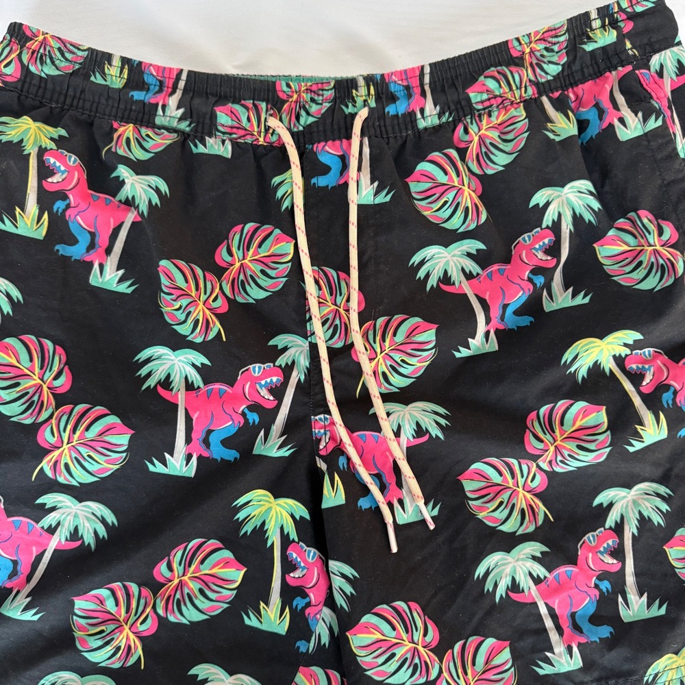 No Boundaries Mens Swim Trunks Pink Dinosaur Tropical Palm Print Black Medium - Picture 2 of 8
